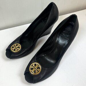 Tory Burch Black Leather Sophie Wedge Pumps 11